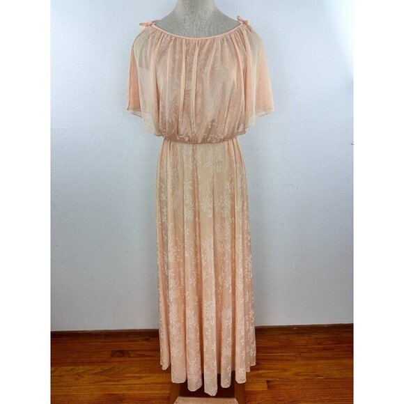 Vintage 70s Chiffon Dress Split Sleeve Maxi Capelet Peach Floral Split Sleeve - Picture 14 of 16